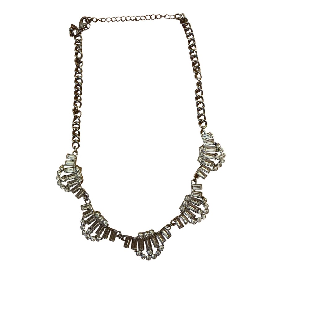Silver Tone Rhinestone Statement Necklace Baguette Crystal Art Deco Style Bib